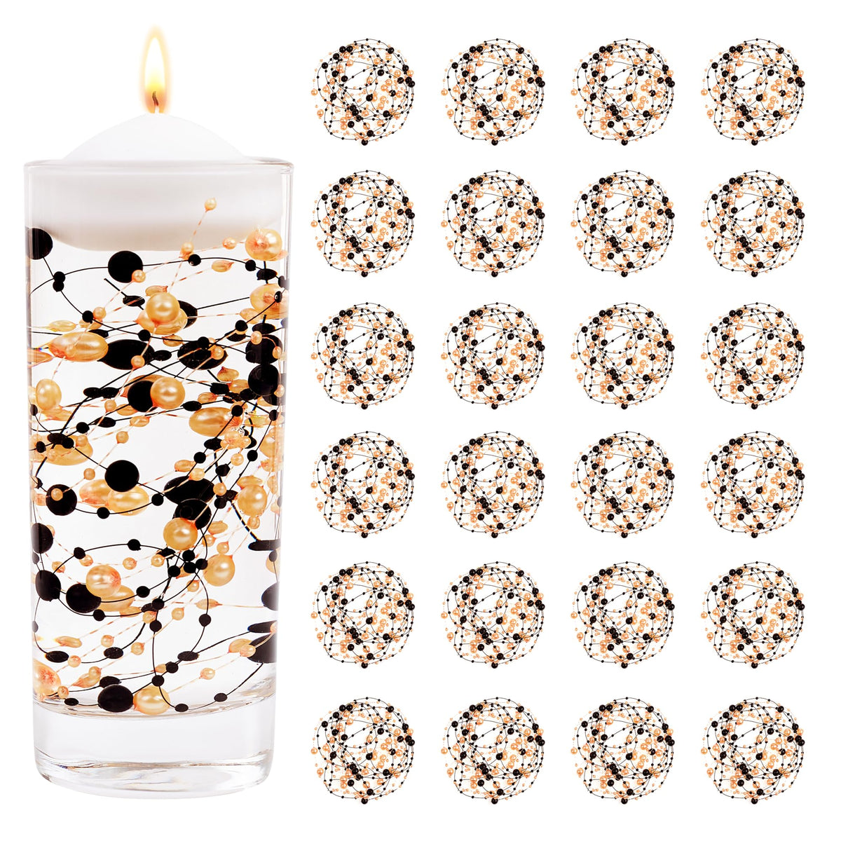 YATOJUZI 30 PCS Artificial Pearl String Orange and Black Vase Filler Floating Pearls for Vases Centerpieces Faux Pearl Beads String Decorations Holiday Halloween Party Decor