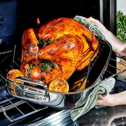 HexClad Hybrid 17 x 14 Inch Rectangular Nonstick Roasting Pan with Rack, Dishwasher-Friendly, Oven-Safe Up to 900°F, Compatible with All Cooktops