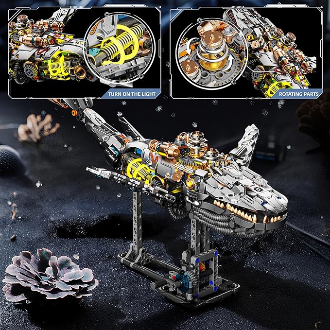 1388-PCS Mechanical Whale Building Blocks Set with LED Light Movable Linkage Gears Display Stand - Ocean Building Blocks for Adults Teens Kids Age 12+