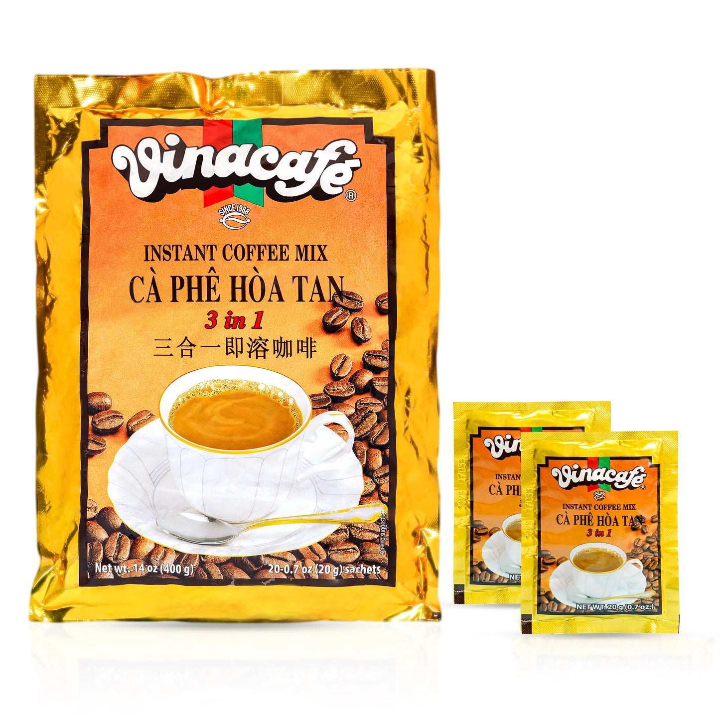 Vinacafe Instant Coffee Packets 3 in 1 Authentic Vietnamese Taste, Balanced Medium Roast Coffee Mix for Quick Preparation at Home, Office or Travel, Single Serve Sachets (Pack of 4 | 20 Sachets Per Bag)