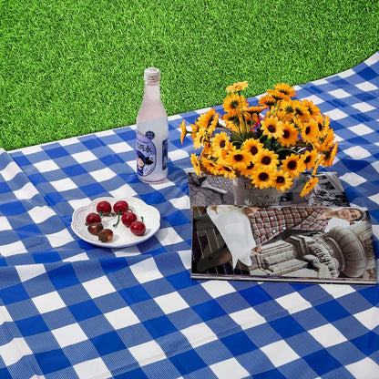 Kesfey 8 Packs Bule and White Checkered Tablecovers 54 x 108 Inches Disposable Party Picnic Table Cloth SpillProof Plastic Gingham Tablecovers for Camping Decoration Party Favors