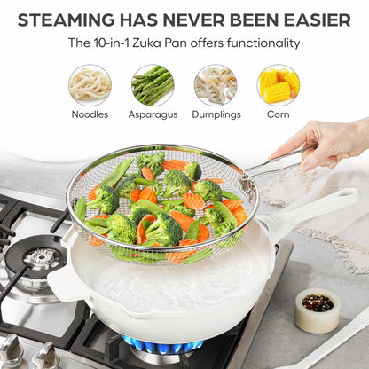 ZUKA 10 in 1 Ceramic Pan by Granitestone, Large 12 Inch Saute Pan with Lid Serves as Deep Frying Pan Set with Steamer, Everyday Skillet, Non Toxic Ceramic Nonstick, Induction Oven & Dishwasher Safe