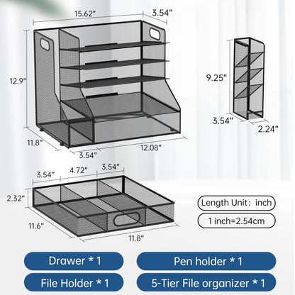 SUPEASY Desk Organizer with File Holder, 5-Tier Mesh Paper Letter Tray and 3 Tilted File Sorter for Office Supplies, Black