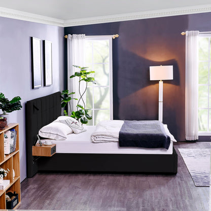 KEIKI King Size Storage Velvet Upholstered Hydraulic Lift Platform Bed with 2 Shelves, 2 Reading Lamps and USB Port, Modern King Bed Frame with Headboard, Space Saving, Black