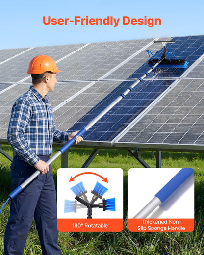 VEVOR Solar Panel Cleaning Kit, 33 ft, Water Fed Pole Kit with Cleaning Brush, Squeegee, Soap Dispenser, Extendable Aluminum Telescopic Pole, 180° Rotatable Brush Head, for Roof Mounted Solar Panels