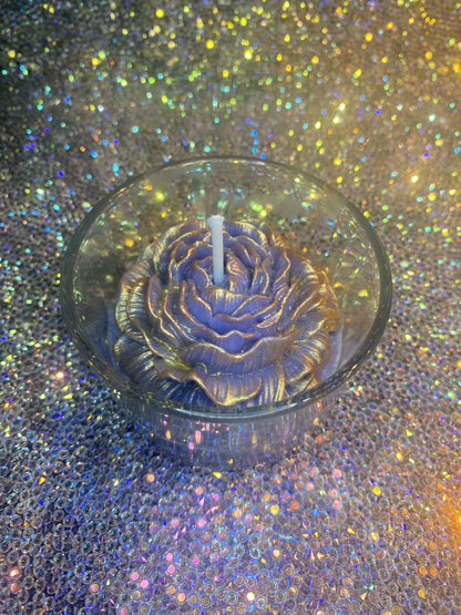 Decorative Shimmery Glass Candle with Floral Design, Blue, 4oz, Holographic Glitter Effect