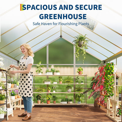 8x12 FT Greenhouse, Easy Assembly Aluminum Polycarbonate Greenhouses for Outdoors with Roof Vent, Large Aluminum Walk-in Greenhouse for Sunroom Patio, Backyard, Garden, Sliding Lockable Door, Silver