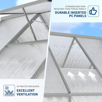 6x7 FT Heavy Duty Aluminum Polycarbonate Greenhouse – Large Walk-in Structure, Quick Setup, Roof Vent, Lockable Door, Rain Gutter – Ideal for Patio, Backyard, Garden – Silver