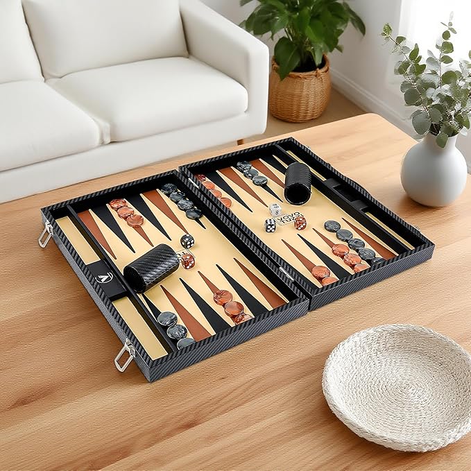 Backgammon Sets for Adults 15 Inch Backgammon Board Game Premium Carbon Fiber PU Leather Backgammon Set with Checkers &amp Dices Large Black Travel Backgammon