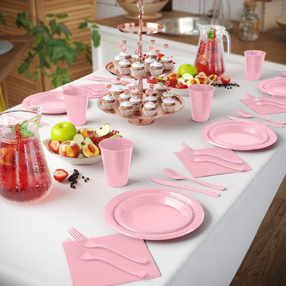 350 Pcs Pink Plastic Plates For Party, Pink Disposable Plates Set, 50 Of Each 9" Dinner Plate Set, 7" Dessert Plate, Cups, Napkins & Cutlery Plastic Dinnerware Set Exquisite