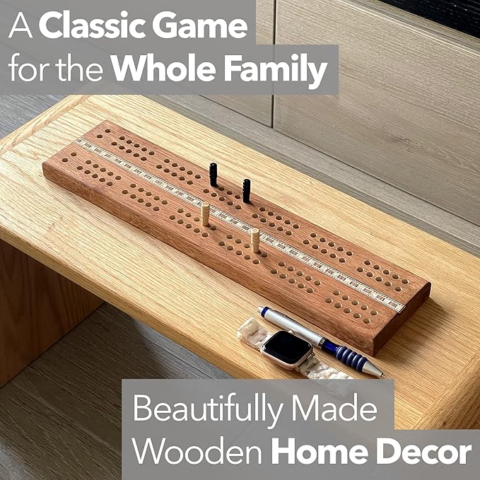 Sterling Games Extra Large Extra Long Cribbage 16 Wooden Game Board 2 Persons Double Track Board with 1/4 Holes and Italian Inlaid Large Wooden Pegs Great for Seniors and Children