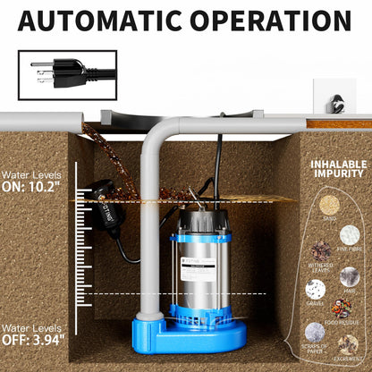 FOTING 1HP 6000 GPH Sump Pump Submersible Sewage/Effluent Pump - Heavy Duty Cast Iron - 115V Septic Pump for Sump Basin/Residential/Sewage/Basement, Sewage Pumps 1-1/2'' NPT