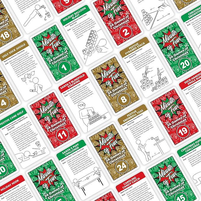 Funwares 24 Days of Christmas Games - Complete Advent Calendar Christmas-Themed Minute to Win It Challenges for Kids Teens &amp Families 2-12 Players Ready to Play Right Out of the Box!