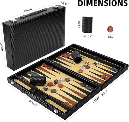 Backgammon Sets for Adults 15 Inch Backgammon Board Game Premium Carbon Fiber PU Leather Backgammon Set with Checkers &amp Dices Large Black Travel Backgammon