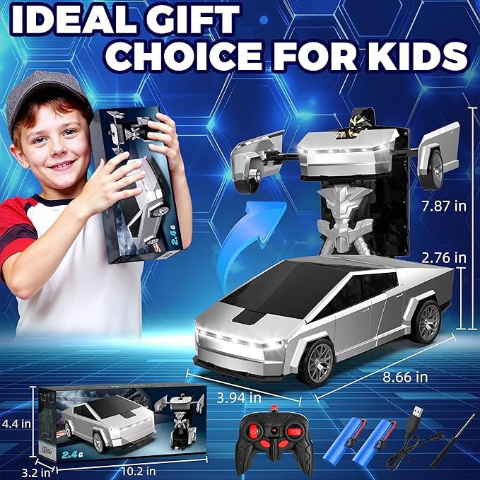 Transform RC Cyber Pickup Truck Cars Robot Toy for Kids 2.4GHz Remote Control Car with One-Button Deformation 360° Rotation LED Lights Valentine's Day Birthday Gifts for Boys Age 4-7-8-12（1:18 Scale）