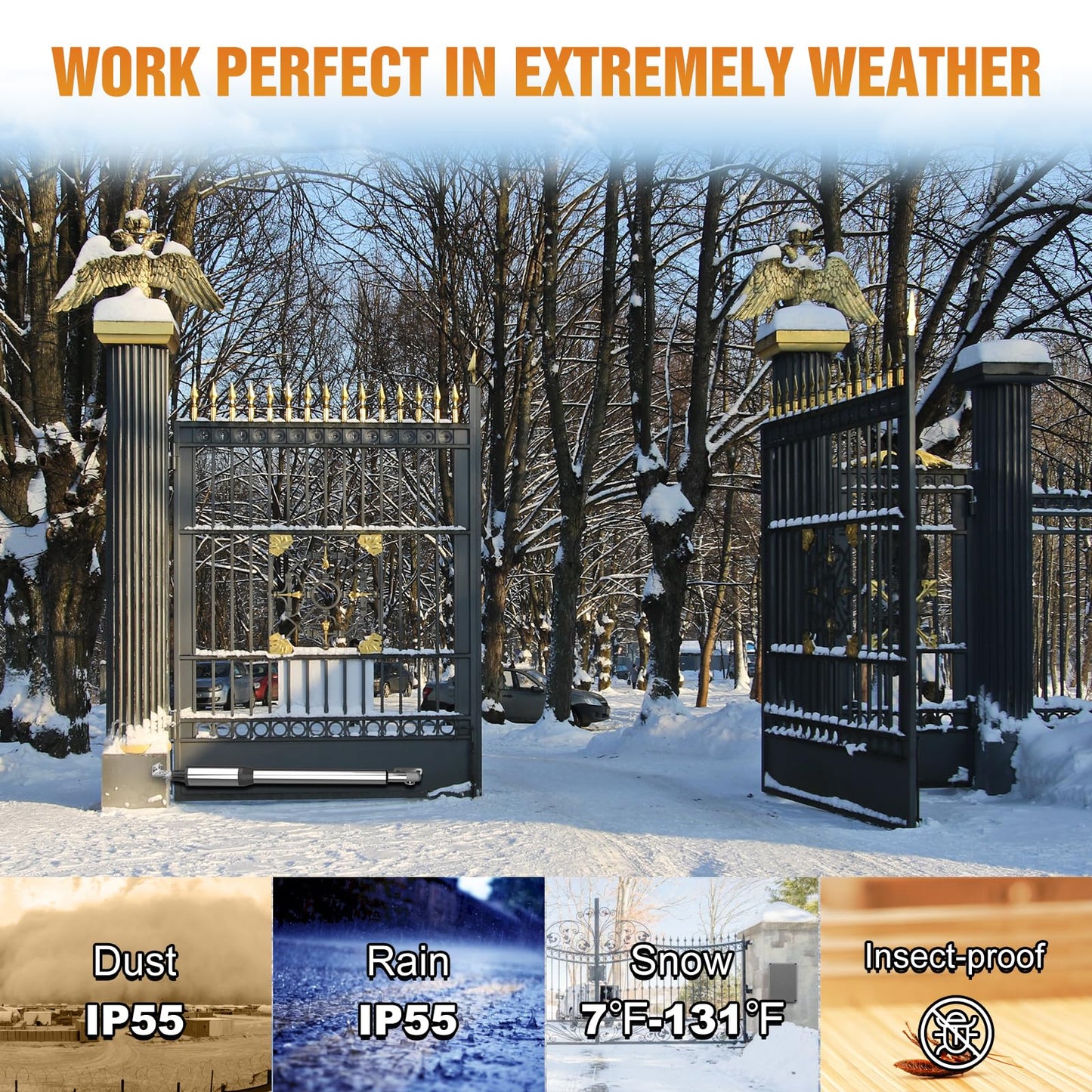 JUJIANG C01 Solar Gate Opener with Batteries & Solar Panel for Dual Swing Gates Up to 440lb 12FT per Arm Automatic Gate Opener with Remote Complete Kit Light Duty Automatic Gate Openers Solar Powered