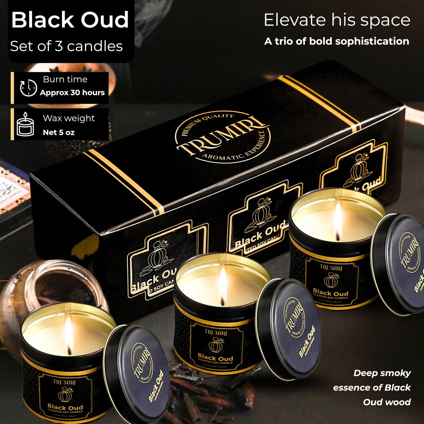Black Oud Candle Highly Scented Soy Candel Natural Non Toxic Velas Aromáticas Gift for Men 5Oz Decorative Tin Jars with Lids Pack of 3