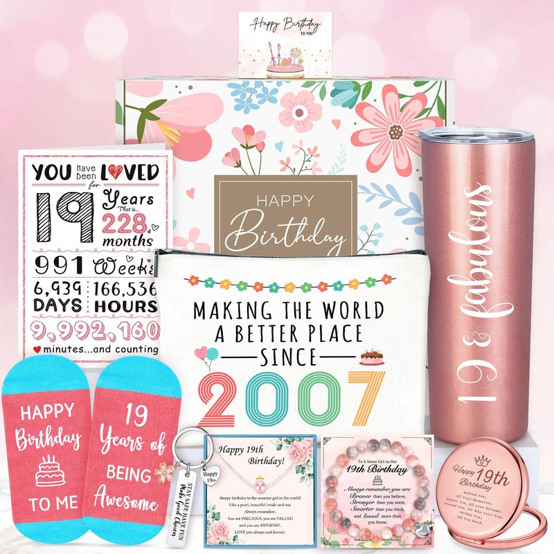 19 Year Old Girl Birthday Gift Ideas Happy 19th Birthday Gifts for Girls Unique Gifts for 19 Year Old Female, Women, Daughter, College Girls Cool 19th Decorations Gift Box with Tumbler Makeup Bag