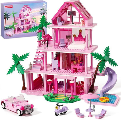 Girls House Building Sets Compatible with Lego Friends for Girls Age 8-12 4-Story Pink Villa Building Blocks Toys with Pull-Out Floors 903 Pieces Great Birthday Gift for Girls 8-14