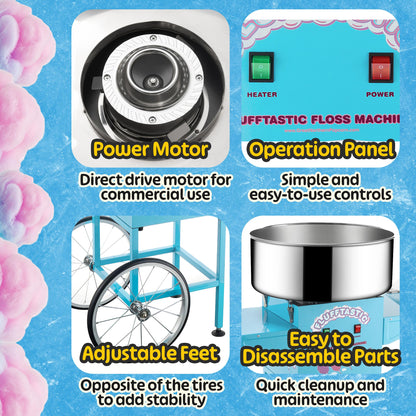 Cotton Candy Machine With Cart – 1000W Flufftastic Floss Maker With Stainless-Steel Pan, Side Trays, And 13in Wheels By Great Northern Popcorn (Blue)
