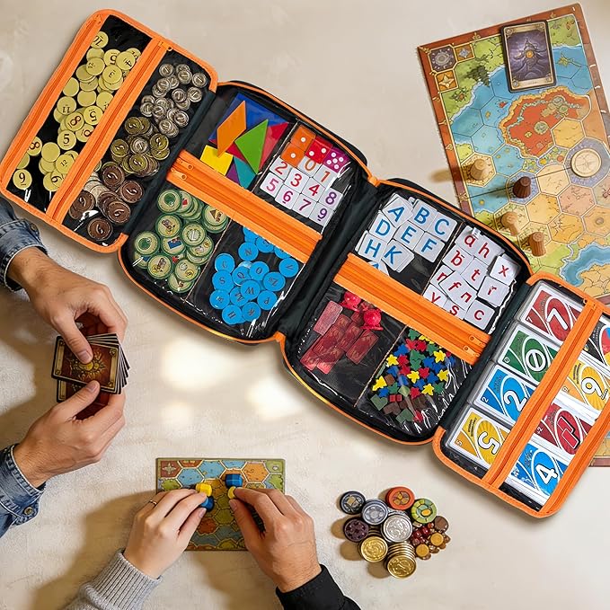Premium Board Game Storage Organizer Case (14 PVC Pouches) - Portable Travel Game Storage Case | Ultimate Dice and Token Holder for Cards Miniatures and Catan Components