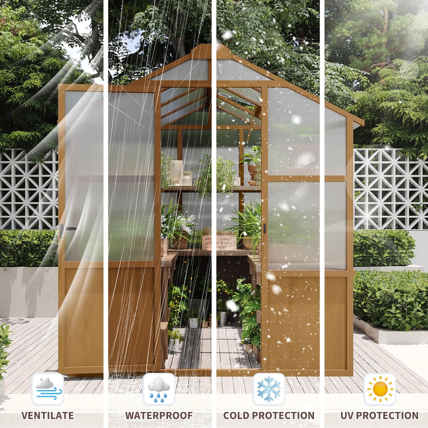 GDFStudio 6x8 FT Wooden Greenhouse for Outdoors, Walk-in Green House Kit with 6mm Polycarbonate Panels, Lockable Door, Adjustable Roof Vents, Outdoor Greenhouses for Garden Backyard Patio Lawn, Wood