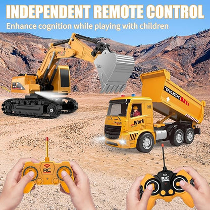 Remote Control Excavator and Dump Truck Toy Set - RC Construction Vehicles Toy with Barricades Road Signs Simulated Rocks Lights and Sounds Birthday Gifts for Toddlers 3-12 year Boys Girls