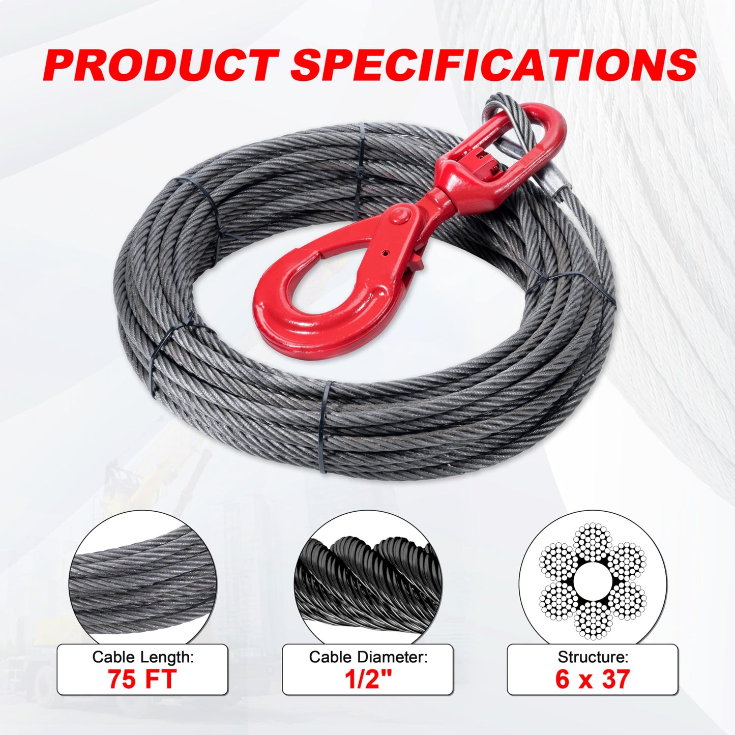 SajoSolid Steel Winch Cable, 1/2 Inch x 75 Feet Heavy Duty Towing Cable for Off-Road Recovery, Truck & Jeep, Durable Steel Wire Rope with Self-Locking Hook, High Tensile