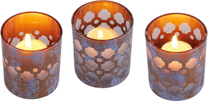Pavilion - Bronze and Purple Sponge Patterned Frosted Glass Set of 3 Patterned Tealight Candle Holders