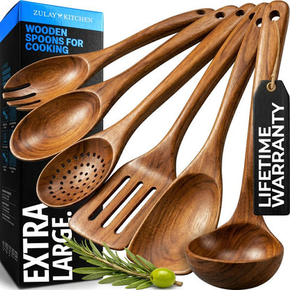Zulay Kitchen Extra-Large 6-Piece Wooden Spoon Set - Smooth Teak Cooking Utensils - Comfort-Grip Non-Stick Turner, Spatula, Skimmer, Fork, Serving Spoon