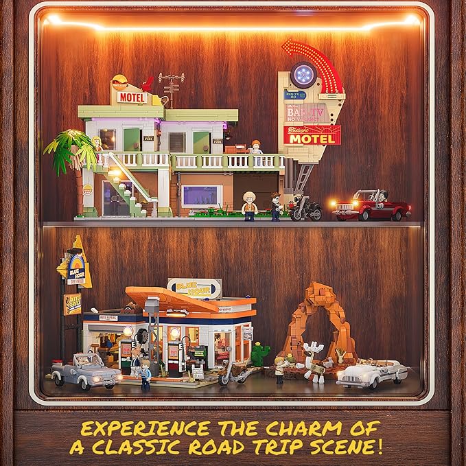 FUNWHOLE City Gas-Station Lighting-Building-Bricks Set - Road Trip Modular Car Service Station Collection LED Light Building Set 1608 Pcs for Adults Teen and Travelling Enthusiasts