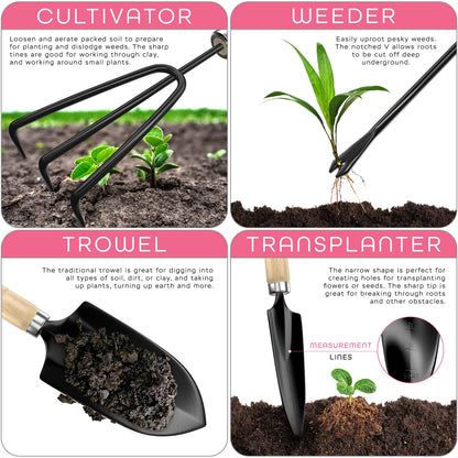 scuddles Gardening Tools for Women Stainless Steel Gardening Tools - Gardening Kit Garden Tools for Women Includes Shovel Trowel Fork Rake Gardening Gloves Perfect Gardening Gifts