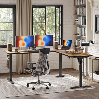 TIQLAB 75 x 61 inch L Shaped Standing Desk Adjustable Height, Electric Corner Standing Desk, Sit Stand Computer Table with Splice Board, Rustic Brown