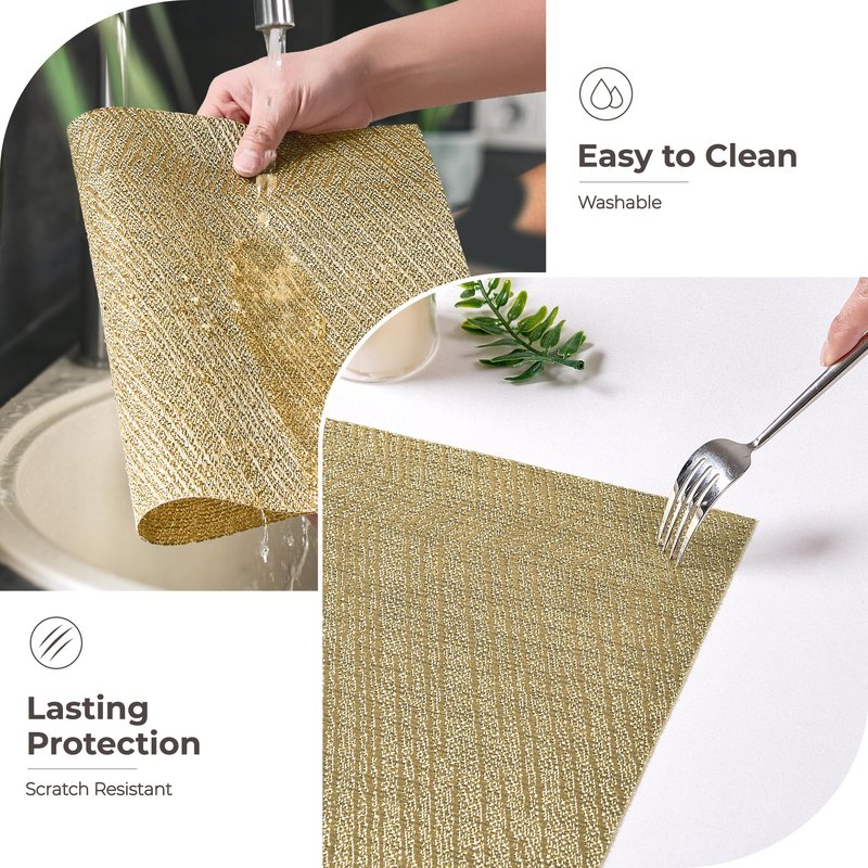 Leetaltree Gold Placemats Set of 4 - Heat Resistant Non-Slip Place mats for Dining Table, Washable Durable PVC Vinyl Woven Table Mats(Luxury Gold, 4)