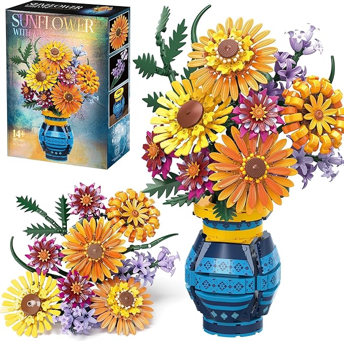 Sunflower Bouquet Building Blocks w/ Vase Set 1065 PCS Botanical Collection Birthday Gifts for Mom Women Grandma Adult Her Mother's Day Artificial Flower Home Decor Stocking Stuffers for Teen Girls