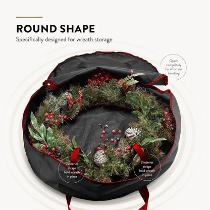 ZOBER Wreath Storage Bag - Waterproof 24 Inch Oxford Container for Artificial Wreaths - Durable Dual Zippered Design, Black