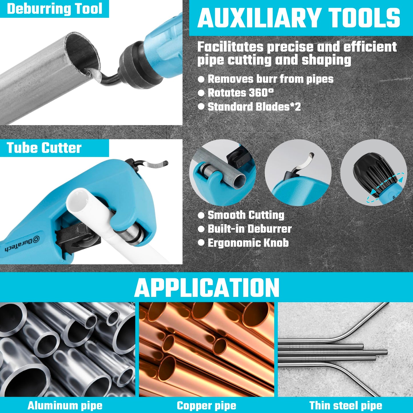 DURATECH Tube Bender Set, 1/4"-7/8" O.D. Ratcheting Pipe Bender with Pipe Cutter and Deburring Tool, 90° Forward/Reverse Pipes Bending Tools for HVAC Air Conditioning Refrigerator Repair