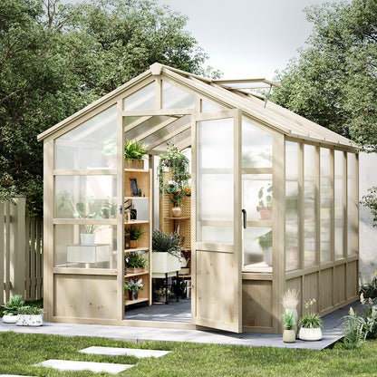 Garvee 8x10 ft Wooden Greenhouse, Greenhouses for Outdoors with Lockable Door, Wood Frame & Adjustable Vent, Heavy Duty Greenhouse with Polycarbonate Panel for Outside, Garden, Yard, Light Brown