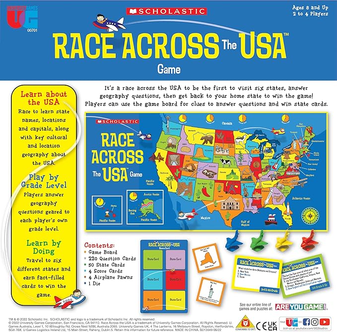 University Games Scholastic Race Across the USA Board Game  Geography Learning Game for Kids and Families for 2 to 4 Players Ages 8 and Up