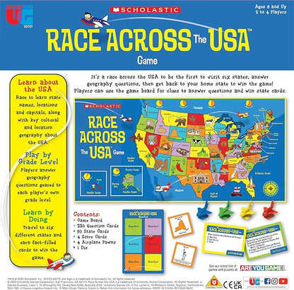 University Games Scholastic Race Across the USA Board Game  Geography Learning Game for Kids and Families for 2 to 4 Players Ages 8 and Up
