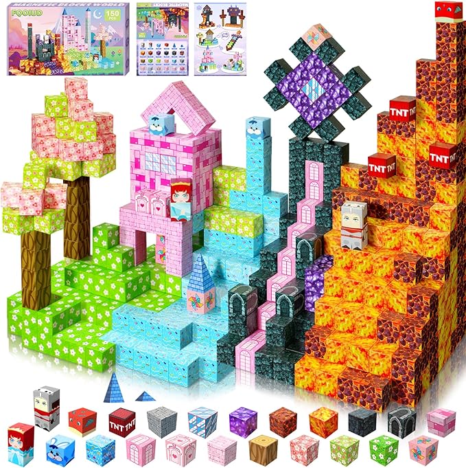 FQOIUD Magnetic Blocks - 150PCS Magnetic Building Blocks STEM Constructions Magnet Blocks for Boys Girls Age 3 4 5 6 7 8 9 10 Sensory Stacking Toy Christmas Birthday Gifts for Kids