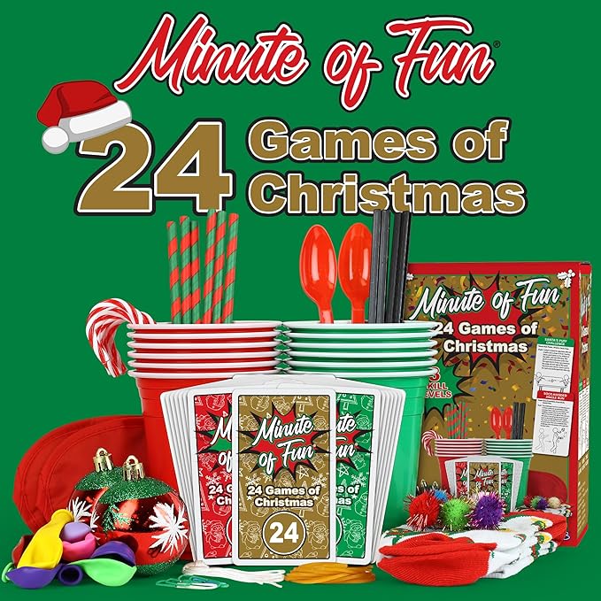Funwares 24 Days of Christmas Games - Complete Advent Calendar Christmas-Themed Minute to Win It Challenges for Kids Teens &amp Families 2-12 Players Ready to Play Right Out of the Box!