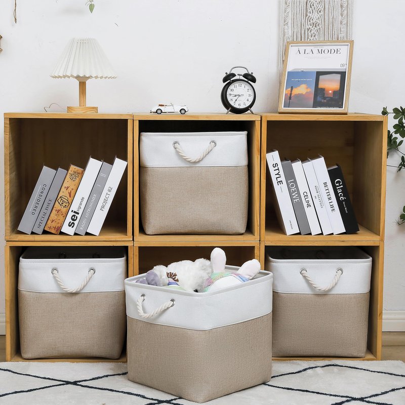 MidmmVick 13 x 13 Inch Cube Storage Bins, 4 Pack Large Collapsible Fabric Storage Bin with Ropes, Foldable Storage Cubes for Home, Office,Closet, Clothes, Toys Organizer (White & Beige)