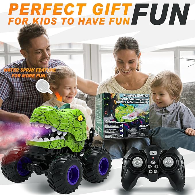 BEZGAR Monster Truck Toys - Remote Control Monster Truck with Spray Light Music Dinosaur Toys for Kids 1:20 Scale RC Truck with 360° Spins and Drifting Remote Control Car for Boys 4-7 Green