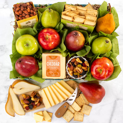 A Gift Inside Classic Fresh Fruit Basket Gift with Crackers, Cheese and Nuts for Holiday, Thank You, Birthday, Get Well, Anniversary, Corporate