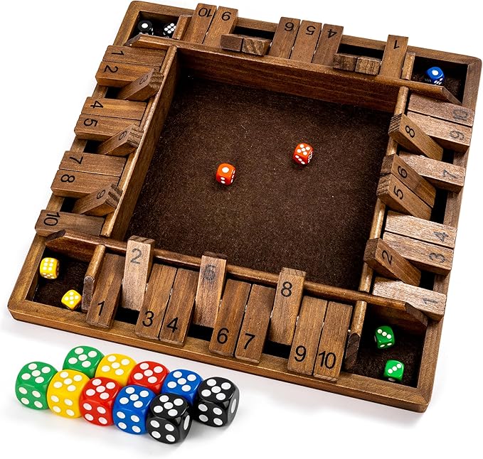 ropoda 14 Inches 4-Way Shut The Box Game (2-4 Players) for Kids &amp Adults (4 Sided Large Shut The Board Game Wooden 8 Dice) – Vintage StyleClose The Box Gamedice Game