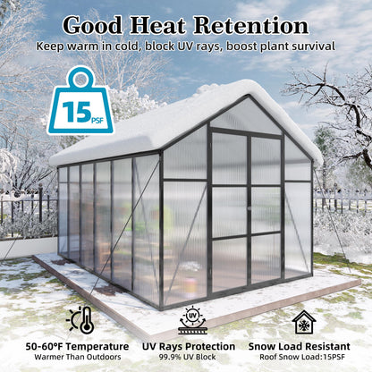 YOPTO 8x12T Greenhouse,Outdoor Polycarbonate Greenhouse with Roof Vent & Drainage System,Heavy Duty Aluminum Walk-in Green Houses for Outside Garden Backyard,Easy Assembly,Black
