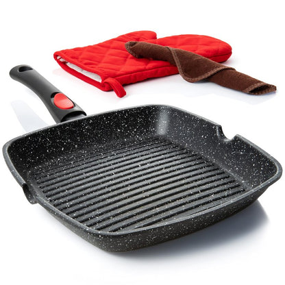 Moss & Stone Square Grill Pan for Indoor Cooking, 11-Inch Nonstick Griddle Skillet with Removable Handle, RV Die-Cast Aluminum Stove Top Grill Pan for Meats & Vegetables, Detachable Handle