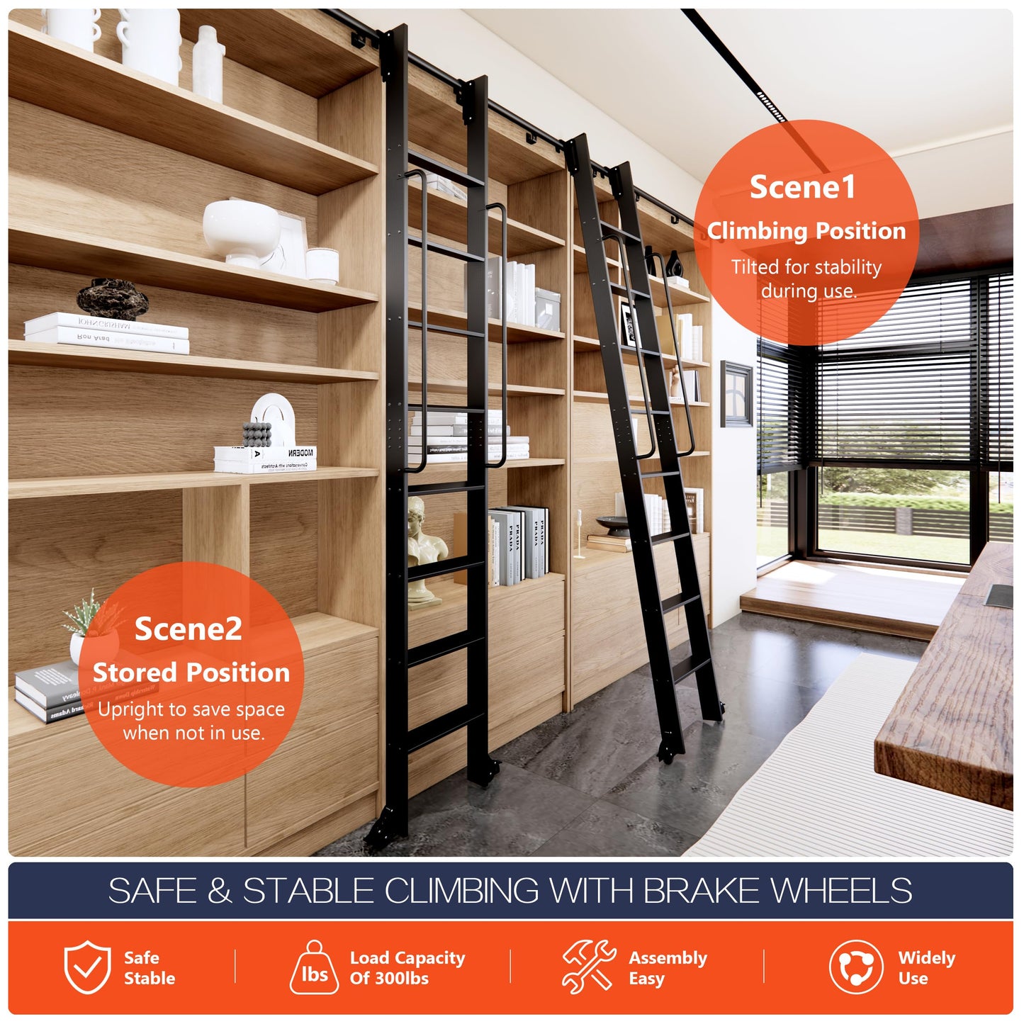 HARDJULAN 87" Telescopic Sliding Library Ladder with Handrail – Lightweight Aluminum Rolling Ladder with Braking Wheels, 4FT Hook Ladder Track Kit for Home, Loft, and Bookshelves