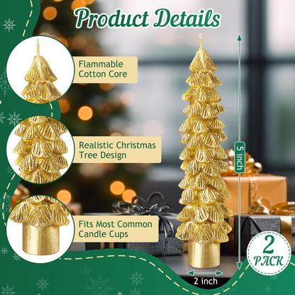 Ceoighe 2 Pack Christmas Tree Candles, 5 Inch Unscented Tree Shaped Taper Beeswax Candles for Christmas Holiday Decor Table Centerpiece Display Party Banquet Gift (Gold)
